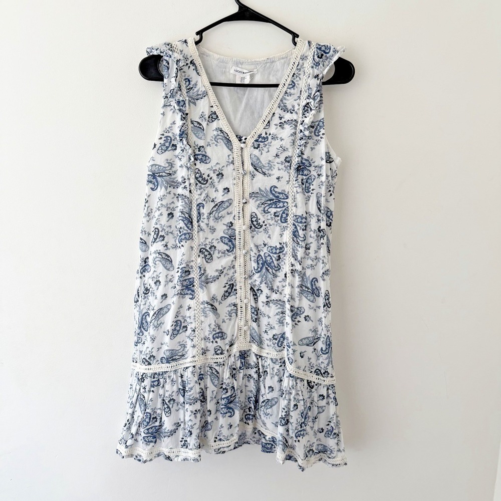 Lucky Brand XS White Blue Paisley Mini Dress Sleeveless Coquette Milkmaid Lace